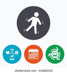 Man falls sign icon. Falling down human symbol. Caution slippery. Mobile payments, calendar and wifi icons. Bus shuttle.