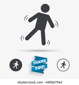 Man falls sign icon. Falling down human symbol. Caution slippery. Flat icons. Buttons with icons. Thank you ribbon. Vector