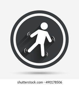 Man falls sign icon. Falling down human symbol. Caution slippery. Circle flat button with shadow and border. Vector