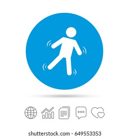 Man falls sign icon. Falling down human symbol. Caution slippery. Copy files, chat speech bubble and chart web icons. Vector