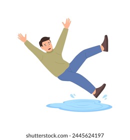 Man falls, sliding on slippery wet floor. Person slipping, falling down. Injury danger. Flat vector illustration isolated on white background