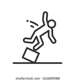 man falls from an unstable object, caution, accident , linear icon. Editable stroke