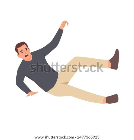 Man falls wet floor due to negligence and inattention at moment of walking. Flat vector illustration isolated on white background