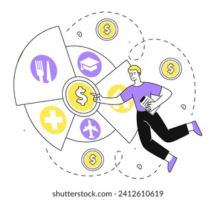 Man with family budget linear concept. Young guy with accounting and budgeting. Financial literacy and savings. Medicine, education, travel and food. Doodle flat vector illustration