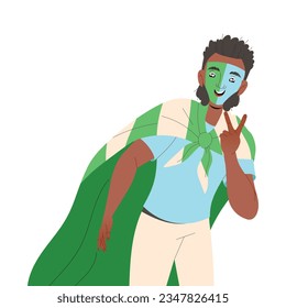 Man Fan Character in Green Cape Show V Sign Cheering for Sport Team Vector Illustration