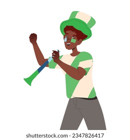 Man Fan Character in Green Hat with Trumpet Cheering for Sport Team Vector Illustration