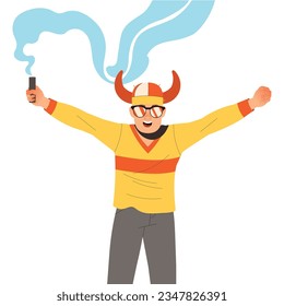 Man Fan Character in Horn Hat with Smoke Flare Cheering for Sport Team Vector Illustration