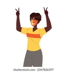 Man Fan Character with Painted Face Show V Sign Cheering for Sport Team Vector Illustration