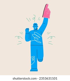 Man is fan of sports team with giant glove. Colorful vector illustration
