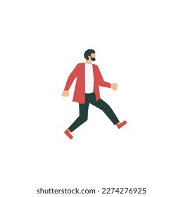 Man in fancy clothing moving fast and dancing down the way. Young man with beard doing exercises on the go. Illustration of physical activity