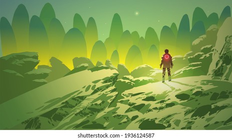 man in fantasy landscape looking at the distant green mountains, vector illustration