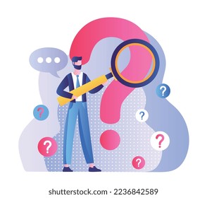 Hombre con preguntas frecuentes. Un chico joven con lupa estudia el signo de interrogación. Apoyo técnico, consultas y retroinformación. Información y conocimiento en línea, instrucción. Dibujo vectorial plano de dibujos animados