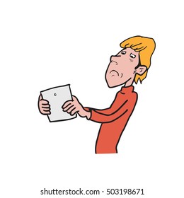 Man far sightedness looking at tablet cartoon drawing