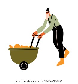 Man farmer in boots carrying basket with produce on farm vector illustration