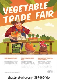 Man Farmer With Bucket Of Fruits. Vegetable Stall. Fruits And Vegetables Trade Fair Flyer. Agriculture Exhibition Flyer. Vector. Modern Flat Design. EPS 10. Colorful Illustration.