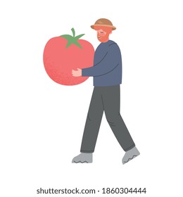 Man Farmer Carrying Huge Ripe Tomato, Male Agricultural Worker Gardener Character Working on Farm, Eco Farming Concept Cartoon Style Vector Illustration