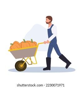 man farmer with a cart of pumpkin. Fresh harvest concept. Flat vector cartoon character illustration.