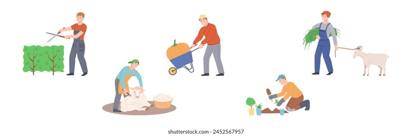 Man Farmer Character Engaged in Agriculture Work Vector Set