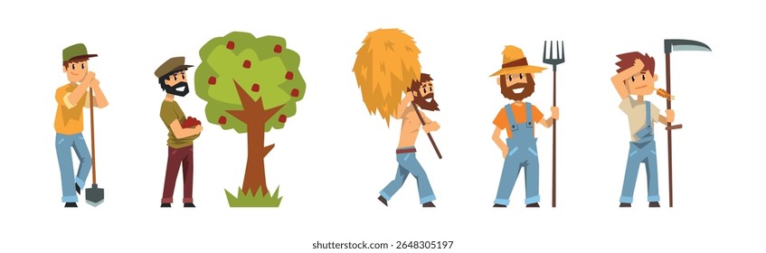 Personagem Homem Agricultor Envolvido no Conjunto de Vetores da Atividade Agrícola Rural