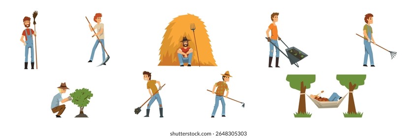 Personagem Homem Agricultor Envolvido no Conjunto de Vetores da Atividade Agrícola Rural