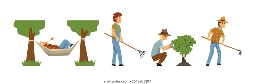 Personagem Homem Agricultor Envolvido no Conjunto de Vetores da Atividade Agrícola Rural