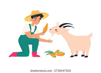 Hombre Farmer Character Feed Cabra con Ilustración vectorial de zanahoria