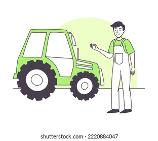 Man Farmer Character in Overall Near Tractor Machine Doing Agricultural Work Vector Illustration