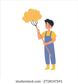 Man Farmer Character stand with Pitchfork and Hay Vector Illustration
