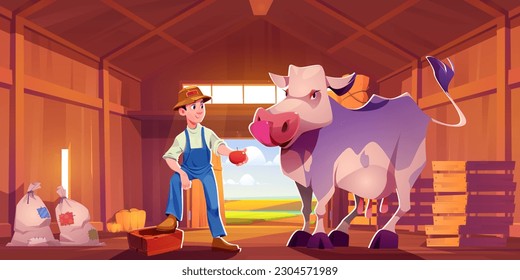 Man farmer with cow in barn cartoon vector illustration. Farm village and young boy feed cattle animal with apple. Peasant profession character in barnyard game scene with countryside landscape