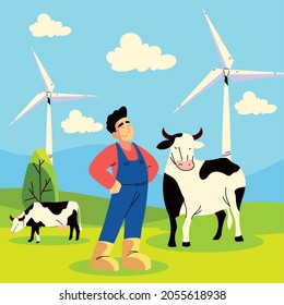 Man Farmer And Cows With Wind Turbine