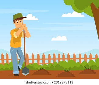 Man farmer digging up ground with shovel on farm cartoon vector