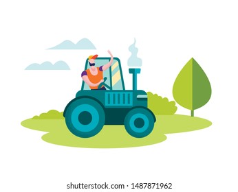 Man Farmer Driving Tractor on Nature Landscape Isolated on White Background, Character Siting in Agrimotor Cabin Waving Hand, Agriculture Driver Profession, Farming. Cartoon Flat Vector Illustration