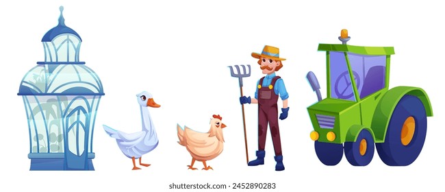 Man farmer, garden worker character with tractor. Rural set with male gardener person in hat, chicken, goose and greenhouse. Local market production design collection. Village infographic image