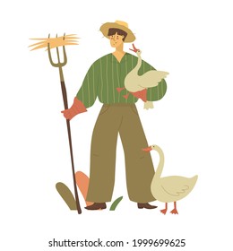 A man farmer in a hat with a pitchfork grazes geese. Isolated on white background. Vector illustration. Flat style. Farming, home pets, agriculture.
