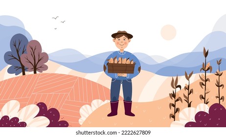  man farmer holding corn cob countryman in overalls standing on corn field organic agriculture farming harvesting season concept flat portrait horizontal vector illustration