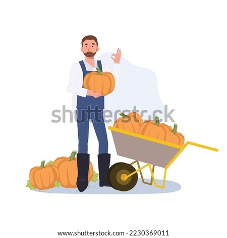 man farmer holding pumpkin and doing OK hand sign. Good product. Flat vector cartoon character illustration.