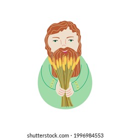 A man farmer holds a bunch of wheat ears in his hands. Cheerful face with a smile and a beard. The character is harvesting in the village. Russia Ukraine. Slavic image. Isolated vector illustration.