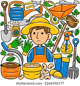 Man Farmer Kawaii Doodle Vektor Illustration