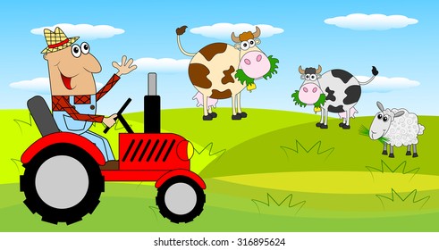 the man is a farmer on a tractor and cows on the meadow,vector illustration