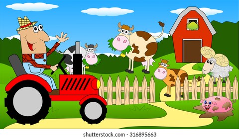 the man is a farmer on a tractor and cows on the meadow,vector illustration