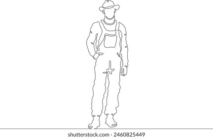 Man farmer in overalls and boots. The male character is engaged in agriculture. Villager. Gardener. One continuous line. Line art. Minimum one line. White background. One line drawing.