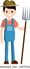 Man farmer in overalls with fork in hands. Rural type of work. Guy in a hat with tools. Cartoon flat illustration. Production of natural food in the village