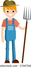 Man farmer in overalls with fork in hands.