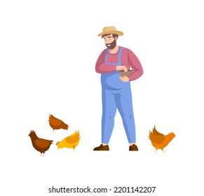 Man Farmer in Overalls und Strohhut, die Hühner füttern. Fröhliche Landarbeiter, die Korb von Getreidefütterungshühnern halten. Geflügelzucht, Agrarindustrie, Agrarflavektor