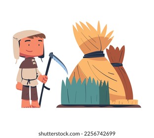 Man Farmer and Peasant Standing with Scythe Near Hay Stack as Character from Middle Ages Vector Illustration