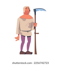 Man Farmer and Peasant Standing with Scythe as Character from Middle Ages Vector Illustration