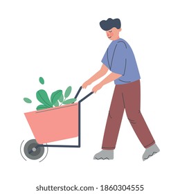 Man Farmer Pushing Wheelbarrow, Male Agricultural Worker Gardener Character Working on Farm, Eco Farming Concept Cartoon Style Vector Illustration