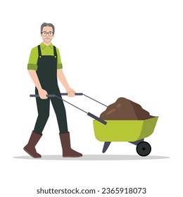 Man farmer pushing wheelbarrow with soil Flat vector illustration isolated on white background