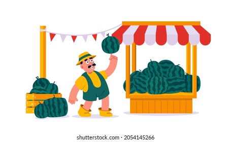 Man farmer sells watermelons at outdoor market stall. Flat cartoon vector illustration isolated on white background