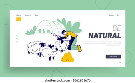 Man Farmer Shearing Sheep for Wool Website Landing Page. Sheepshearer Character at Working Process on Farm. Shearer Man Removing Ewe Wool Web Page Banner. Cartoon Flat Vector Illustration, Line Art